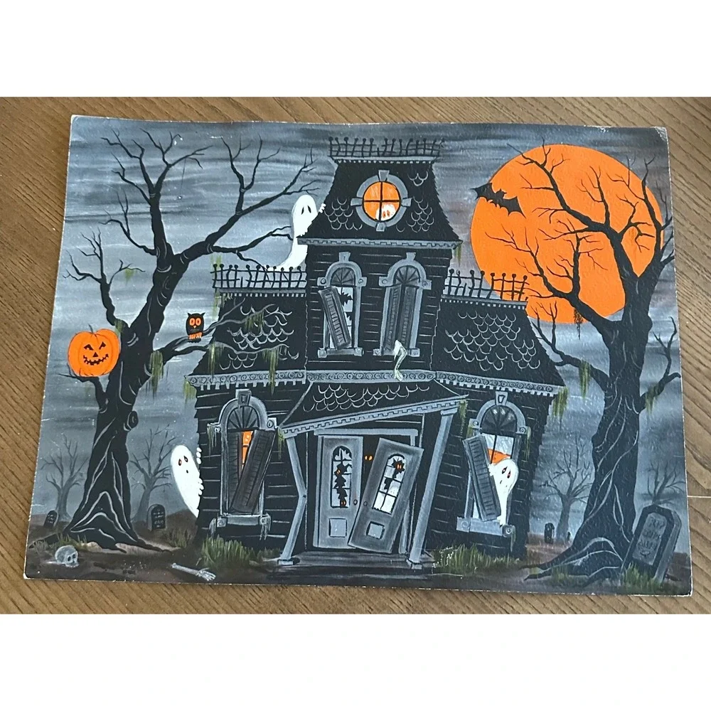 Vintage Hallmark Halloween Haunted House Poster Art Ghosts Pumpkins 15x11